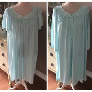 Miss Elaine Nightgown & Robe Set Nylon Embroidered Flowers Blue Women's 1X